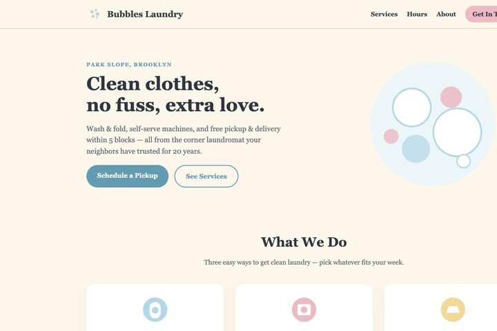 Screenshot of the Bubbles Laundry laundromat site
